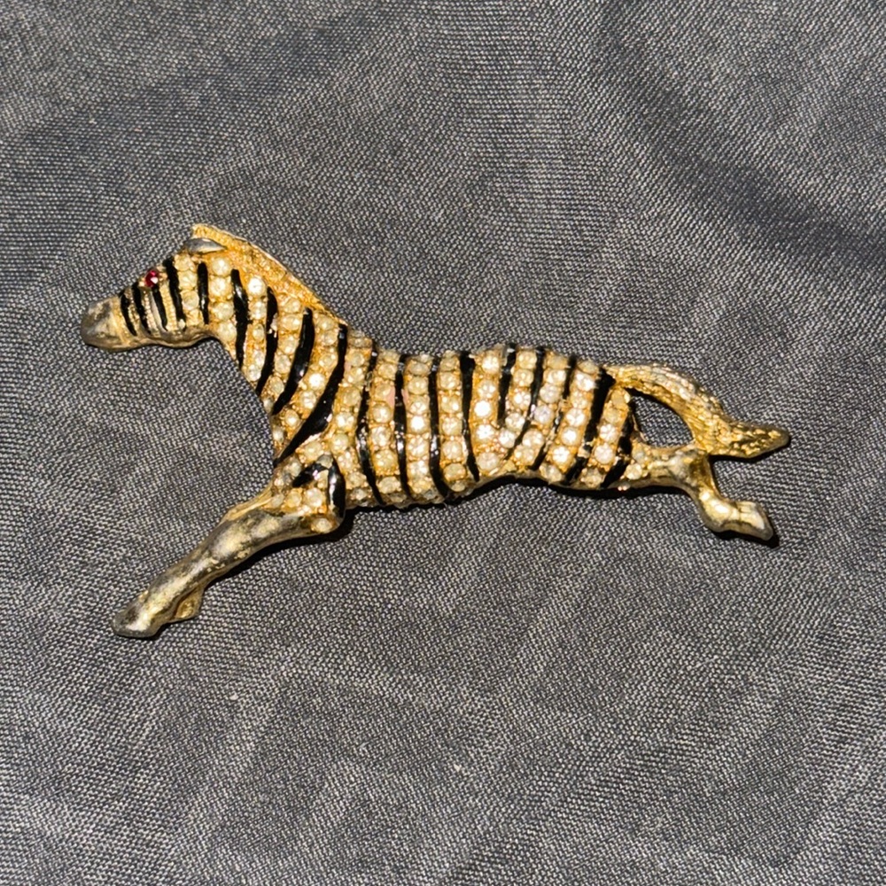 Oleg Cassini 1964 Gold Tone Zebra Horse Brooch Clear Rhinestone Marked Pin VTG